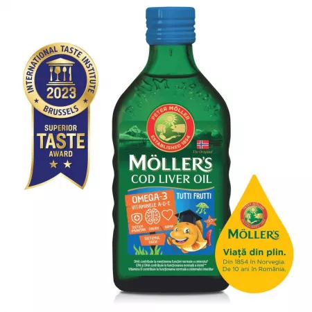 Omega 3 ulei ficat de cod cu aroma de tutti-frutti pentru copii, 250 ml, Moller’s
