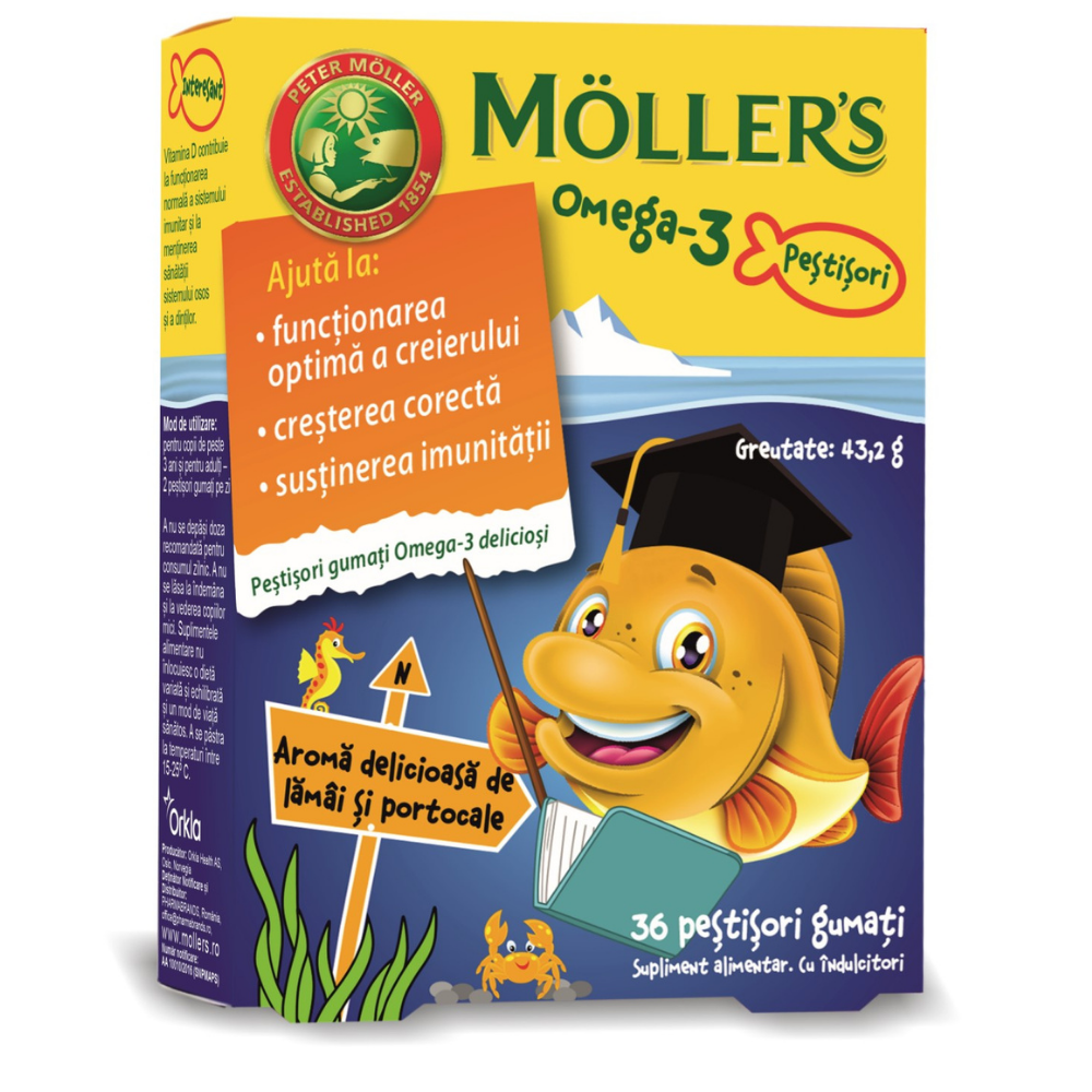 Pestisori gumati cu Omega 3 si aroma de portocale, 36 jeleuri, Moller’s